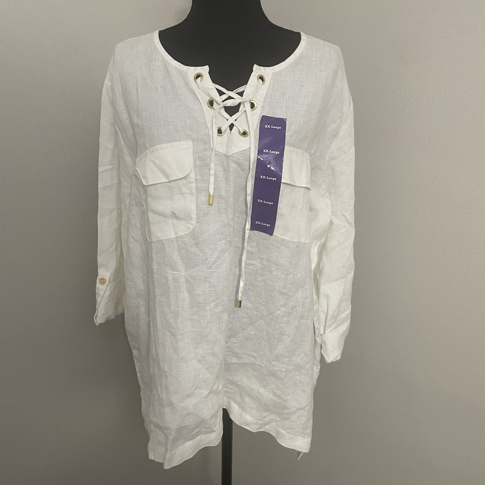 COMPANY ELLEN TRACY Sz 2XL 100% Linen Tunic Top 3/4 Sleeve Laces White Beach NEW